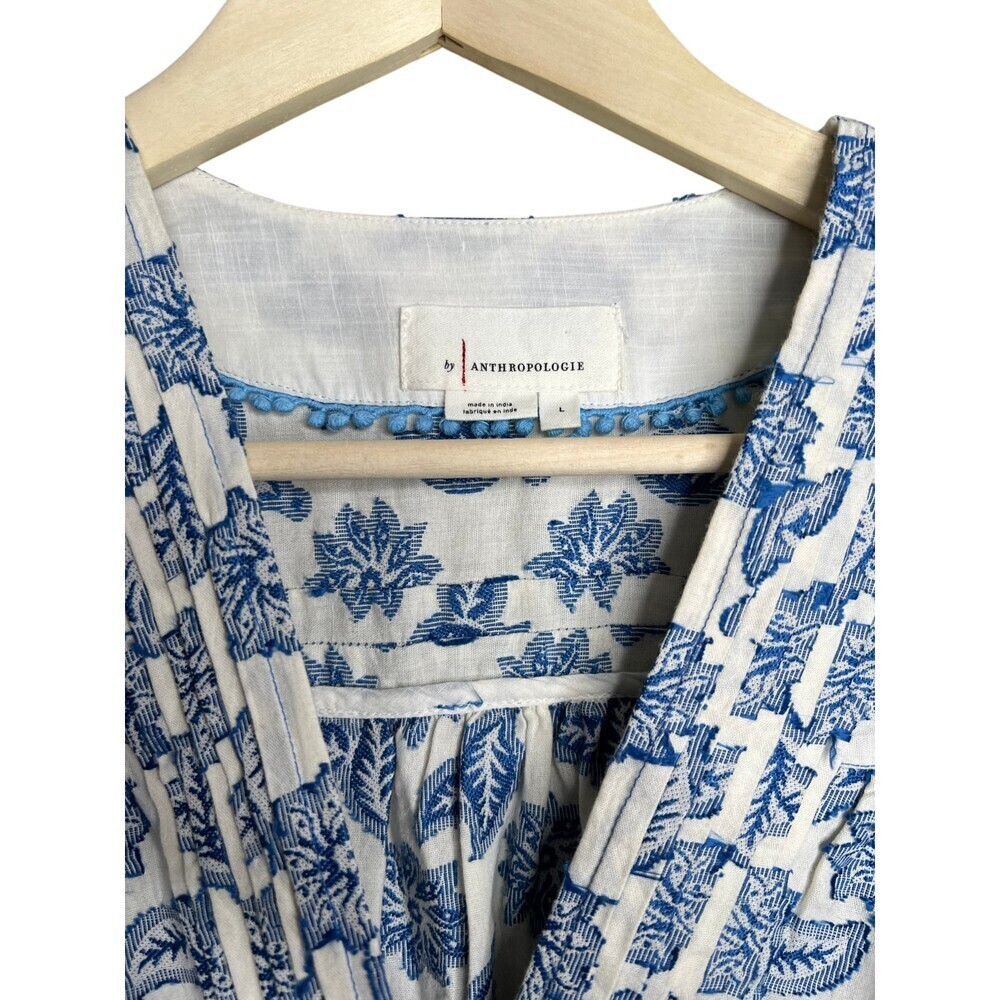 Anthropologie Blue Motif Embroidered Tie-Waist Blouse Size Large - Picture 5 of 8